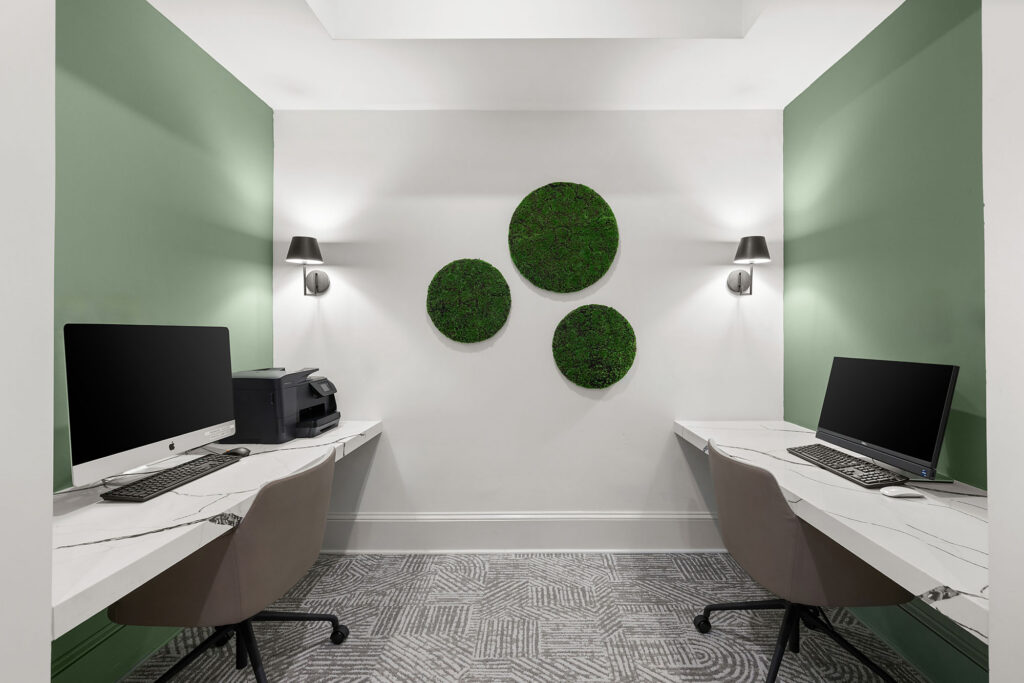 Modern office space with two desks, computers, and a printer. The walls are green and white, with three round green wall decorations and two wall-mounted lamps. The floor is carpeted with a geometric pattern.