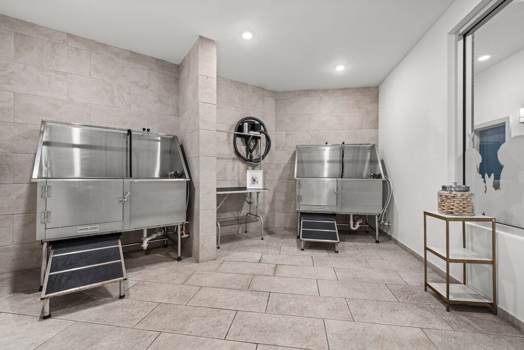 Two stainless steel pet washing stations with black steps are in a tiled room. Theres a metal shelf with towels and a framed dog photo between the stations. A basket sits on a table by a frosted window.